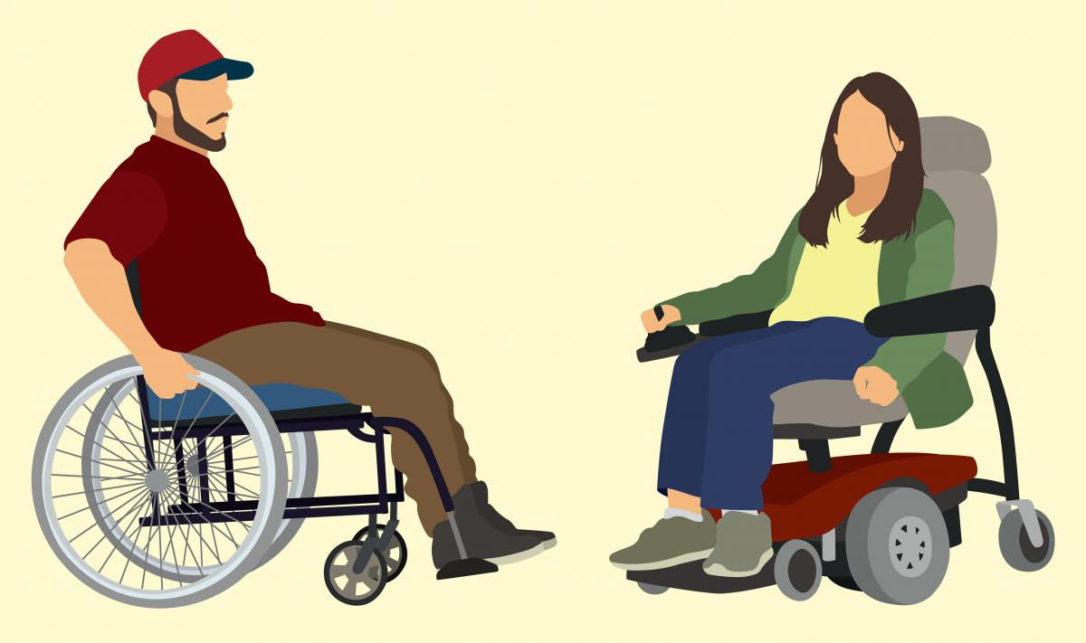 Illustration of male seated in manual wheelchair and female seated in powered wheelchair