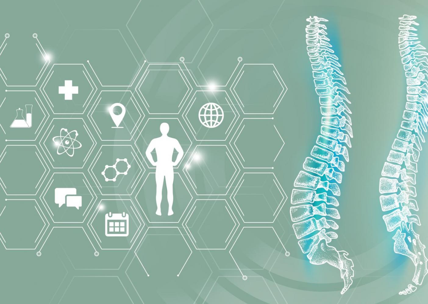 Illustration of spinal cord injury amongst other medical icons