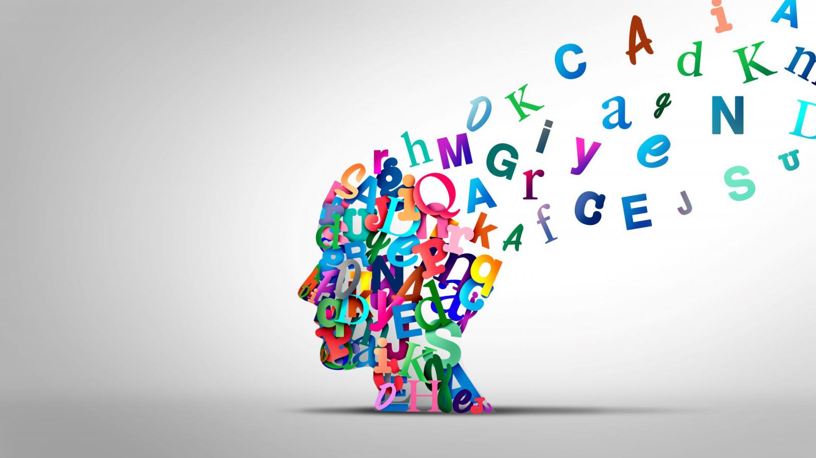Fun picture of a person's brain filled with colour letters