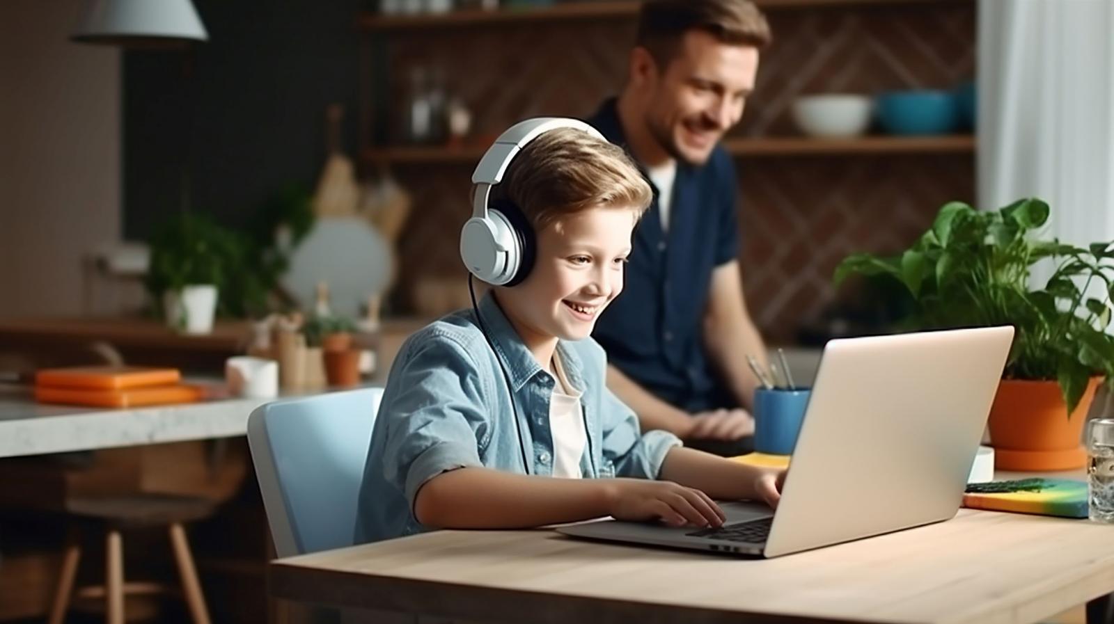 Young boy using a laptop and headphones for telehealth session