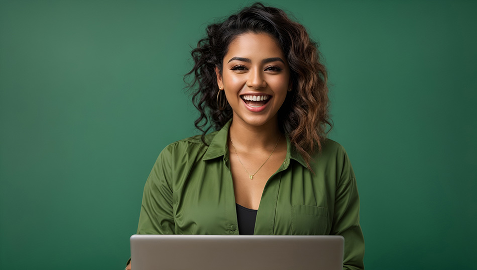 A happy young woman sitting at a laptop