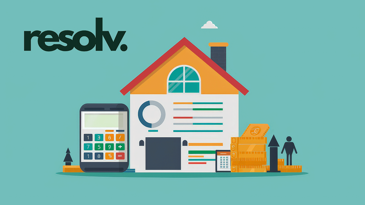 Illustration of a house with a calculator and money