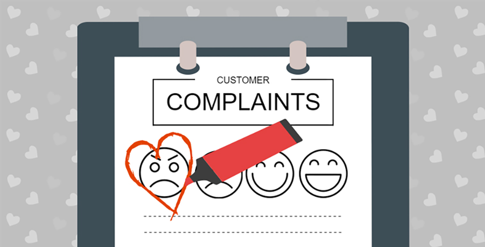 A set of faces with a sad one circled and the word Complaints above it