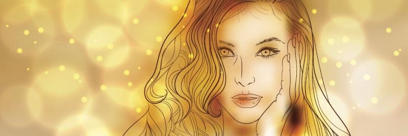 golden and glowing drawing of a woman's face, which is resting in one hand and has a neutral expression