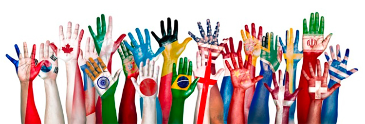 Hands in the air painted with the flags of different countries