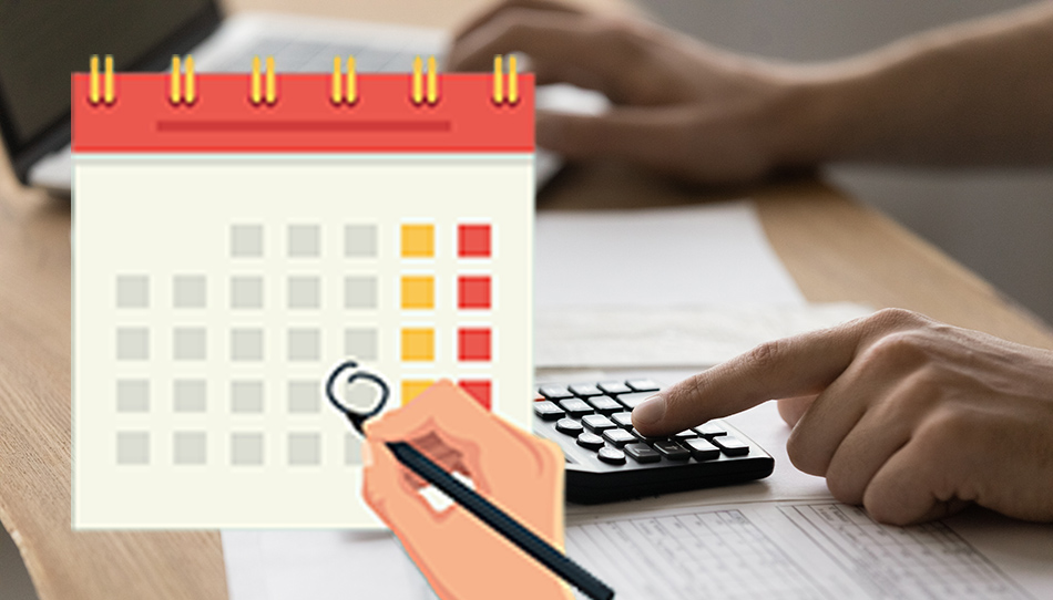 Calendar with a date circled and someone creating invoices