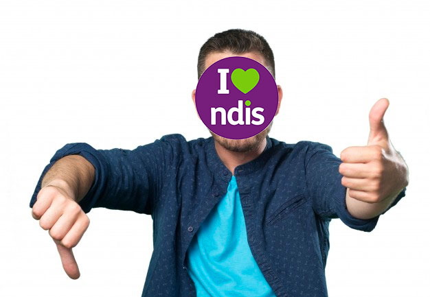 Man with thumbs up and thumbs down. Has I love NDIS sticker on his face.