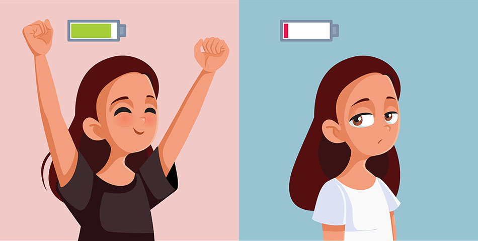 There are 2 sides to this image: One has a woman with her arms up and the image of a full battery icon above her. The other has a sad deflated woman with an empty battery icon above her.