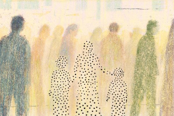 Painting of a crowd of people in silhouette, with three who are holding hands and set off by a distinct pattern and smaller size.
