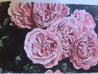 Acrylic painting by Bronwyn Weininger of a bunch of pink peonies