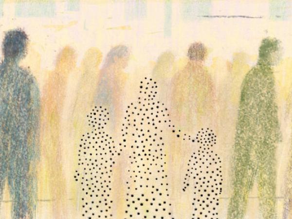 Painting of a crowd of people in silhouette, with three who are holding hands and set off by a distinct pattern and smaller size.