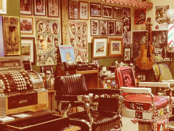 Interior of Franz's barber shop with period pieces
